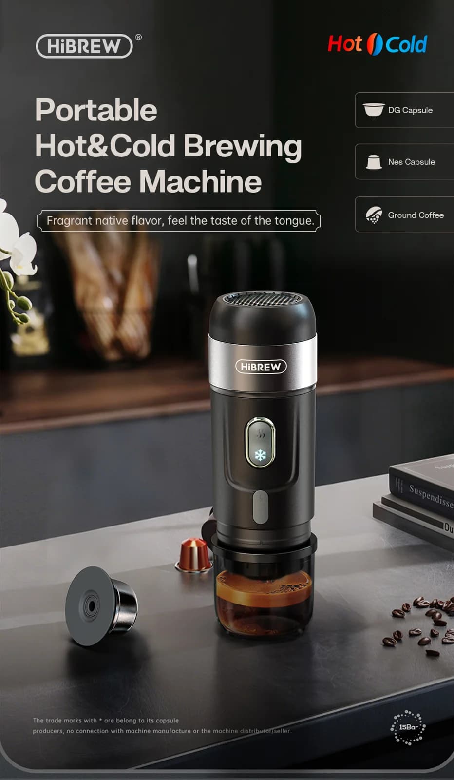 Bärbar kaffemaskin för kapsel- och malet kaffe